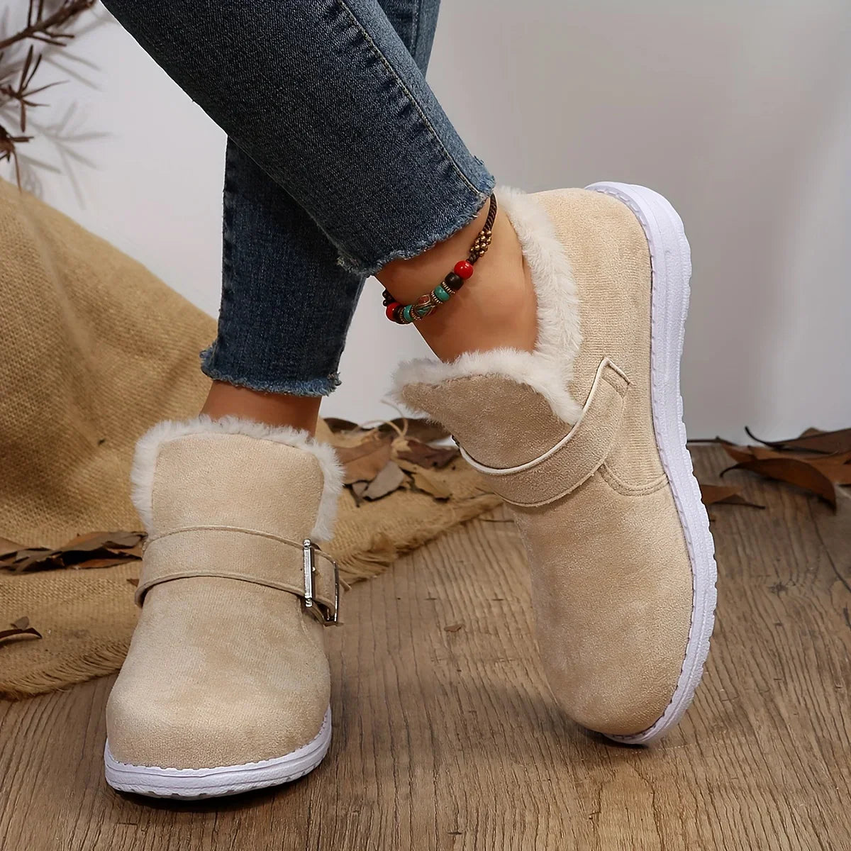 Plush Lined Flat Winter Warm Buckle Strap Slipon Snow Boot