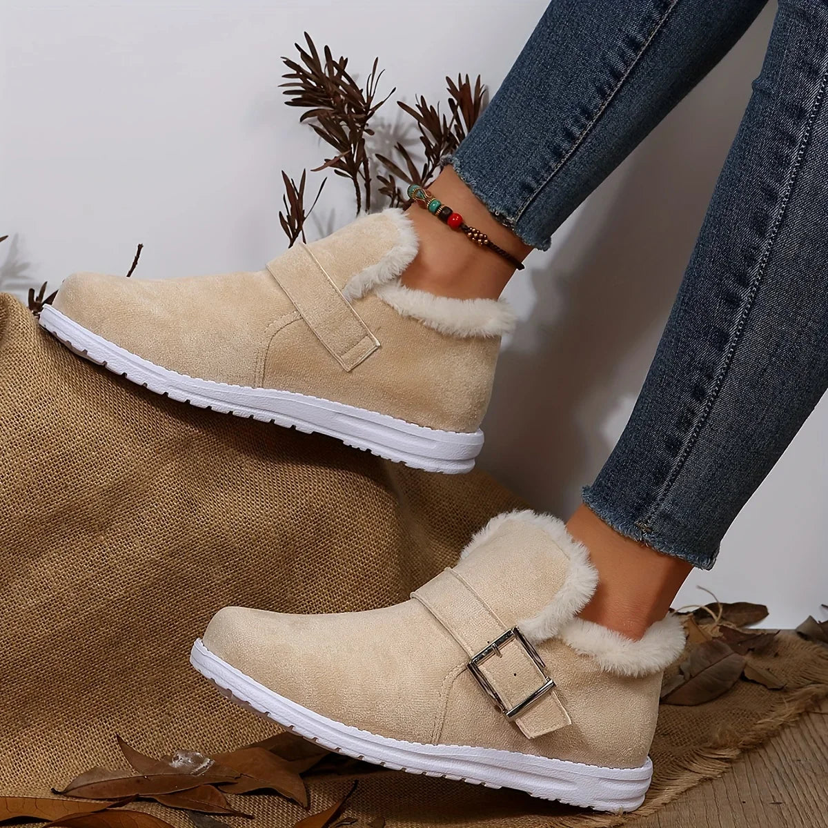Plush Lined Flat Winter Warm Buckle Strap Slipon Snow Boot