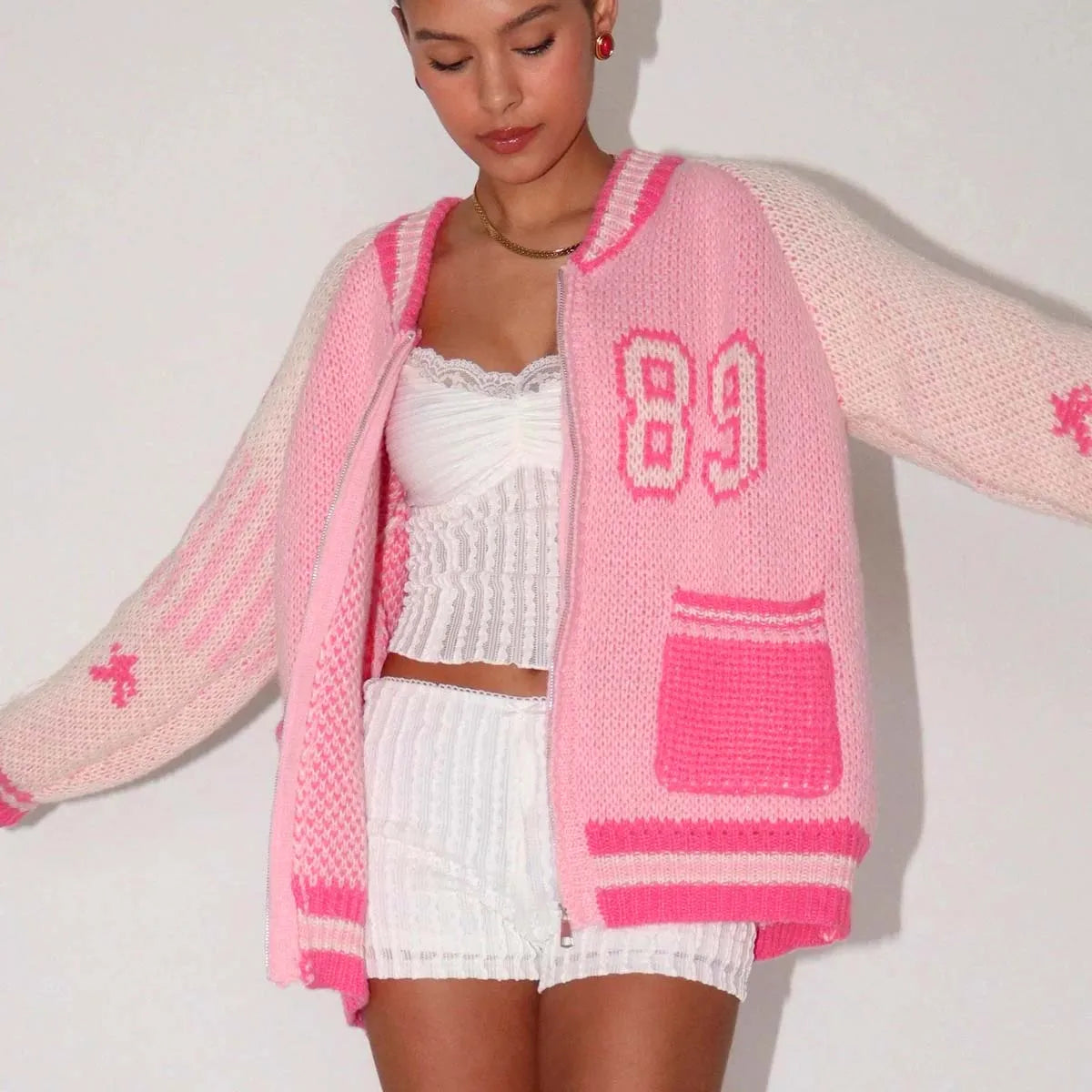 Rainbow Y2K Streetwear Knit Cardigan Pink / S