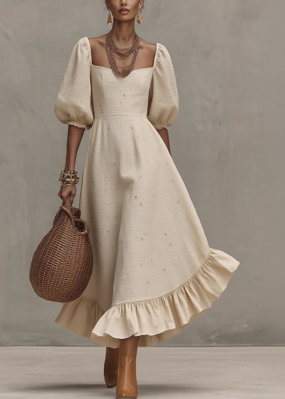 Loose Beige Square Collar Print Solid Long Dress Short Sleeve