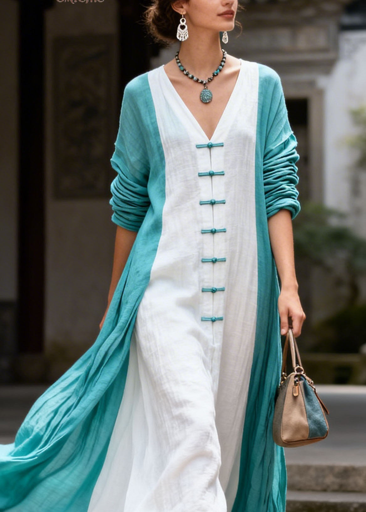 Loose Colorblock V Neck Chinese Button Patchwork Cotton Dress Summer