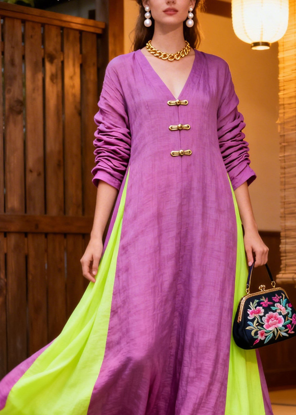 Loose Colorblock V Neck Patchwork Cotton Long Dresses Summer