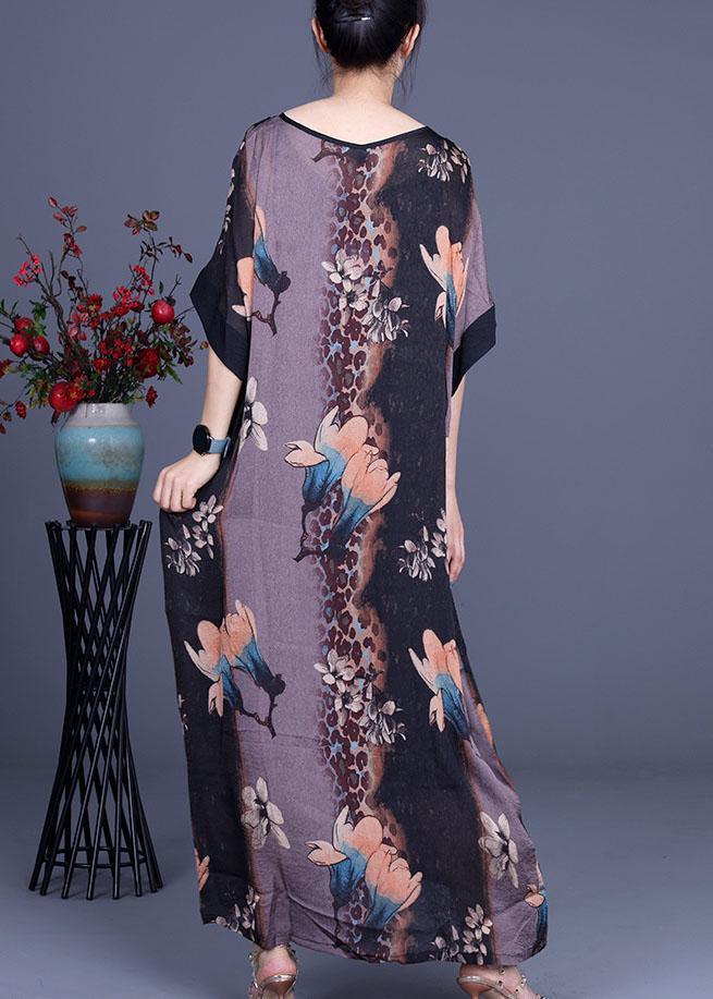 Loose Grey Print V Neck Short Sleeve Chiffon Vacation Dresses