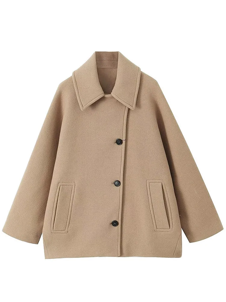 Loose Lapel Autumn Winter Long Singlebreasted Elegant Solid Office Fashion Coat