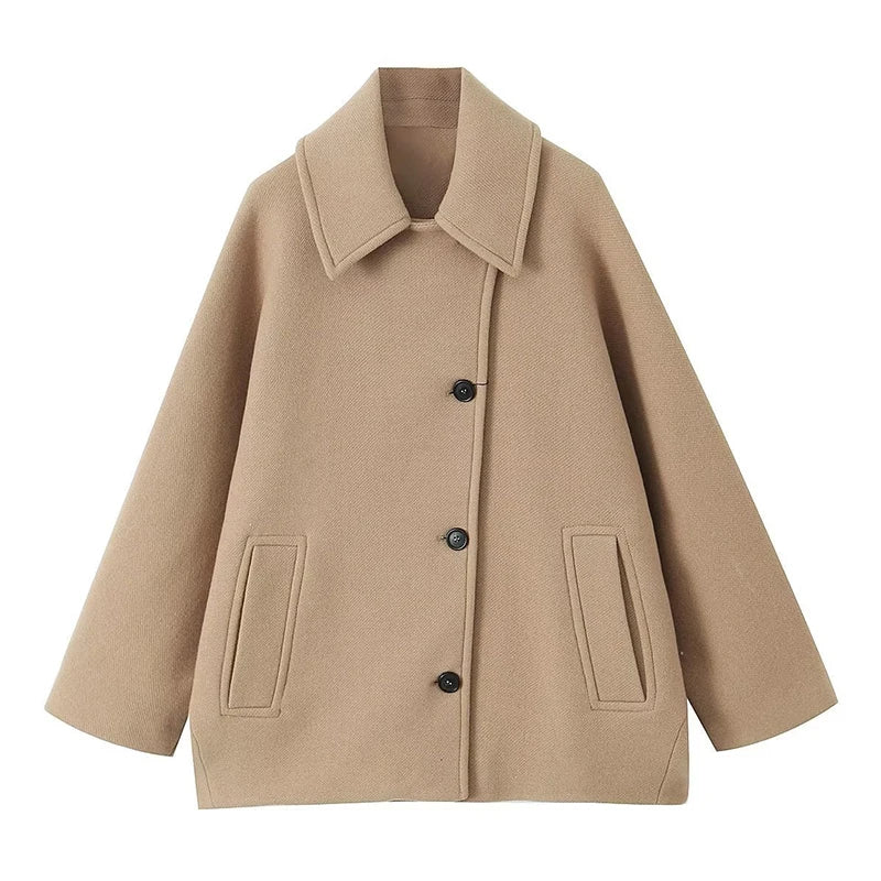 Loose Lapel Autumn Winter Long Singlebreasted Elegant Solid Office Fashion Coat