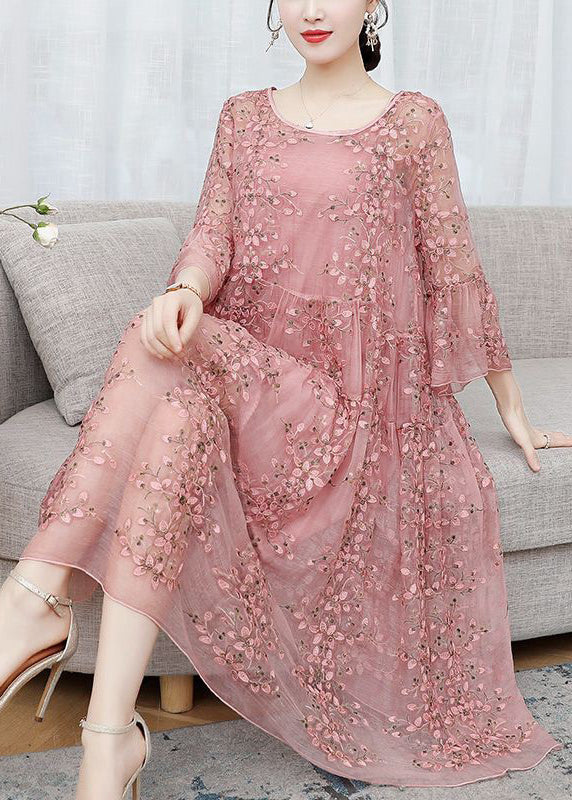 Loose Pink Embroidered Ruffled Lace Silk Dresses Flare Sleeve