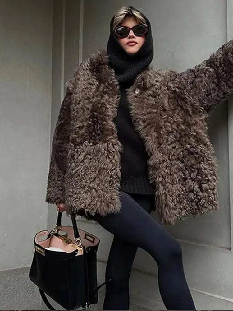 Loose Plush Autumn Winter Stand Singlebreasted Long Elegant Hairy Soft Coat