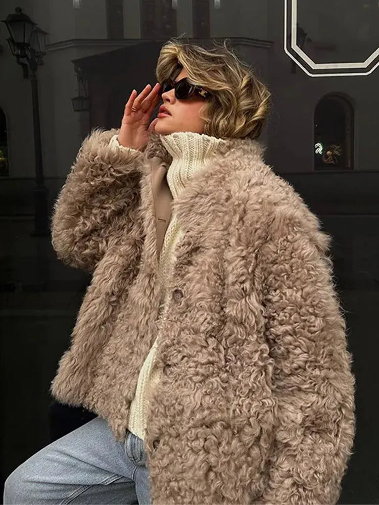Loose Plush Autumn Winter Stand Singlebreasted Long Elegant Hairy Soft Coat