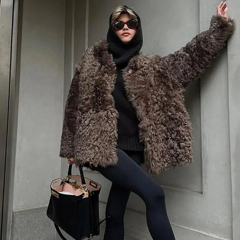 Loose Plush Autumn Winter Stand Singlebreasted Long Elegant Hairy Soft Coat