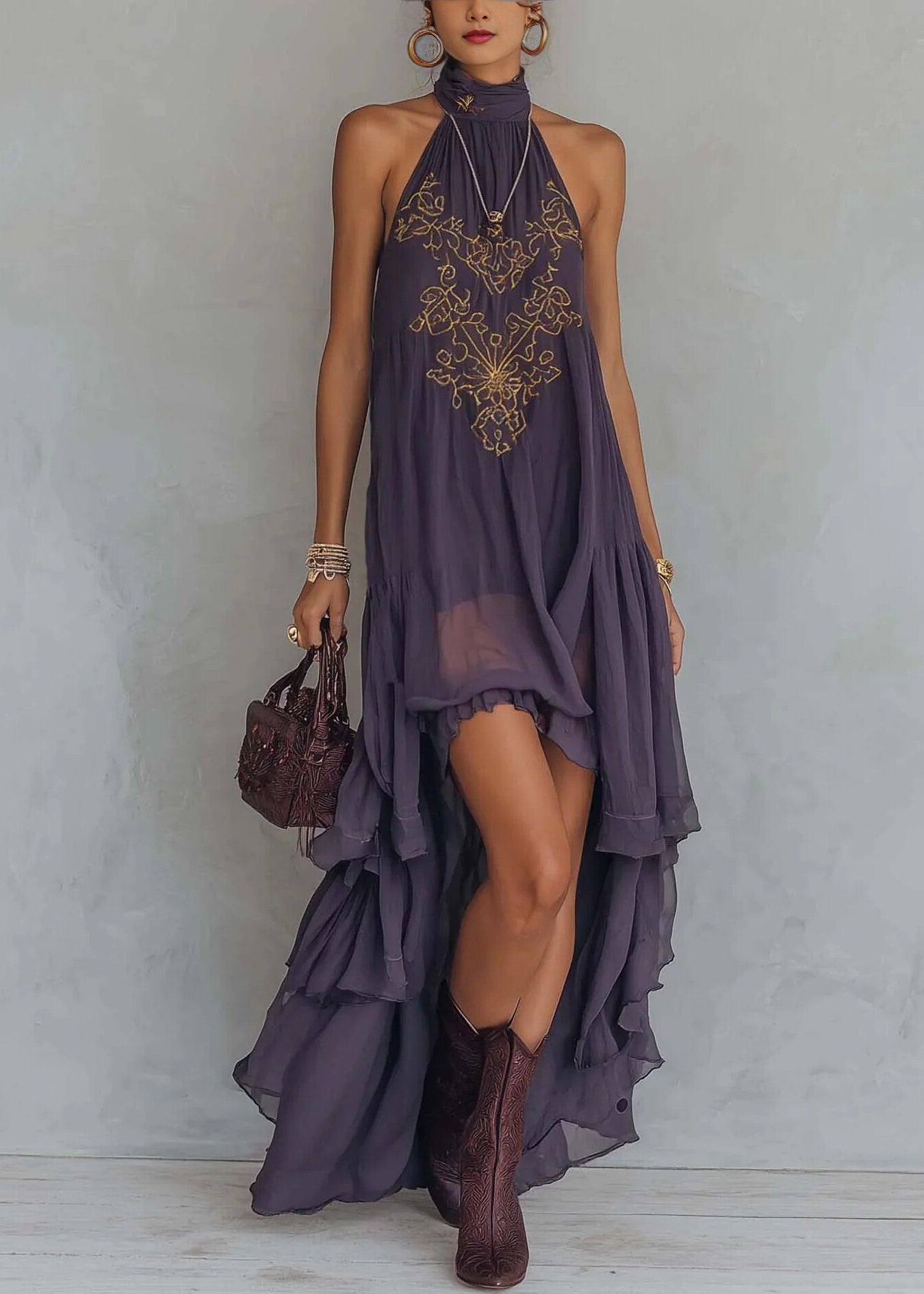 Loose Purple Embroidered Asymmetrical Design Chiffon Dress Sleeveless