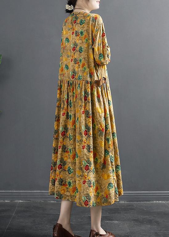 Loose Yellow Print Clothes For Women Pockets Baggy Spring Dresses