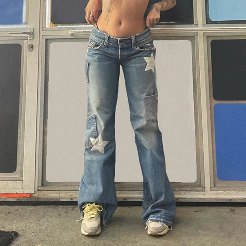 Low Rise Flared Retro Star Print Pockets Distressed Burr Y2K Streetwear Denim Jean