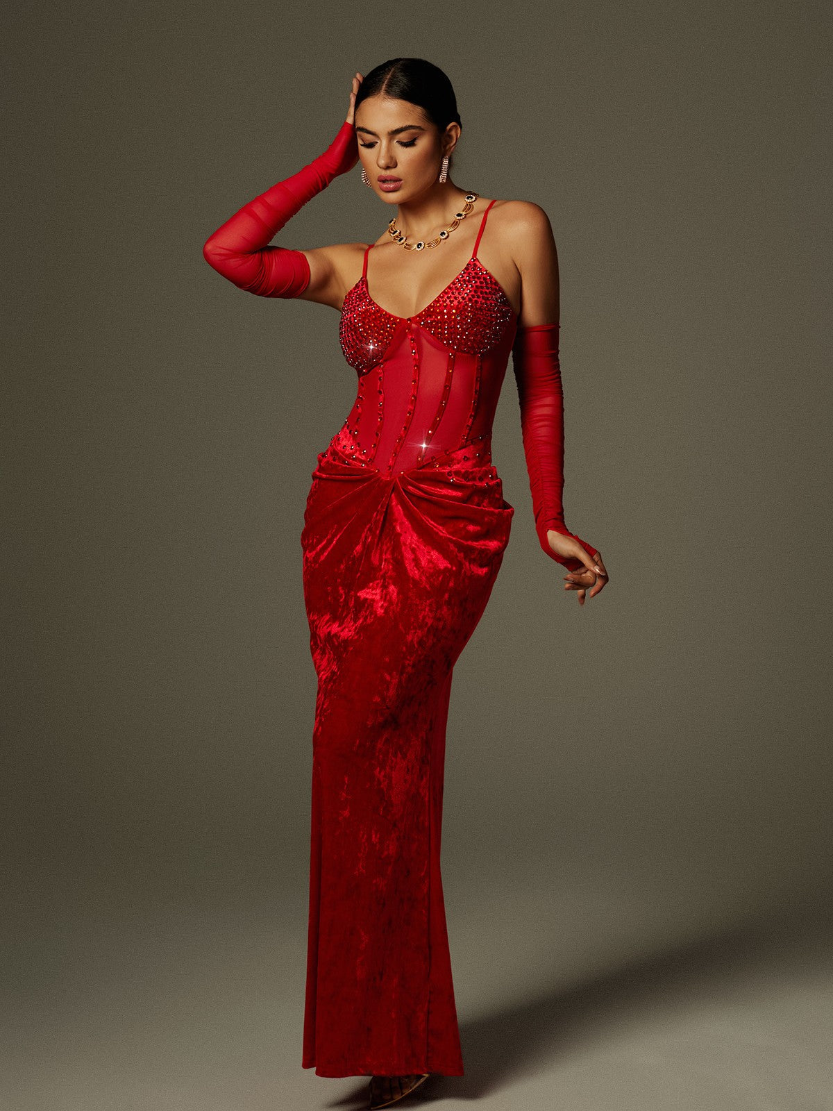 Spaghetti Rhinestone Ruched Velvet Maxi Dress