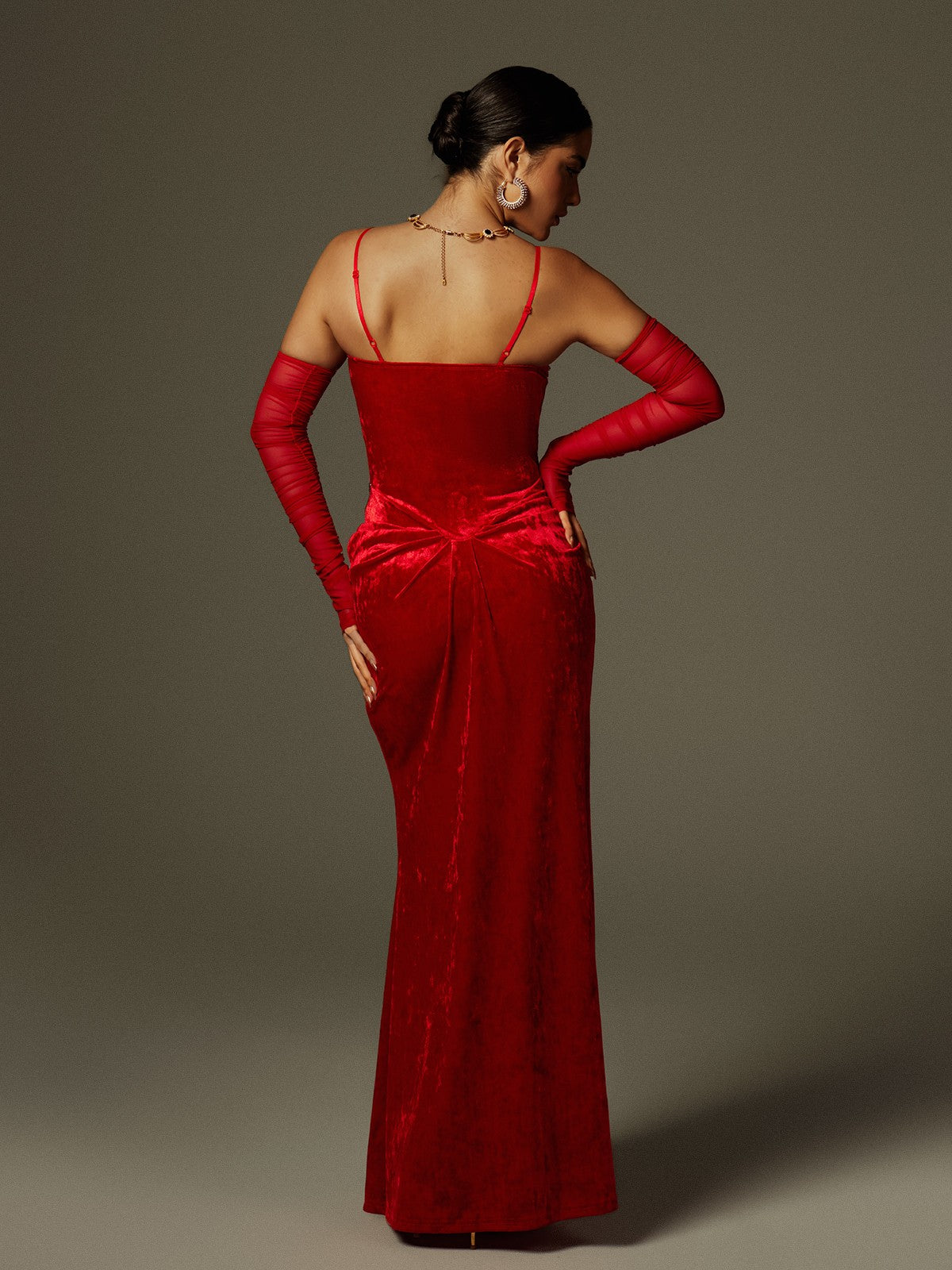 Spaghetti Rhinestone Ruched Velvet Maxi Dress
