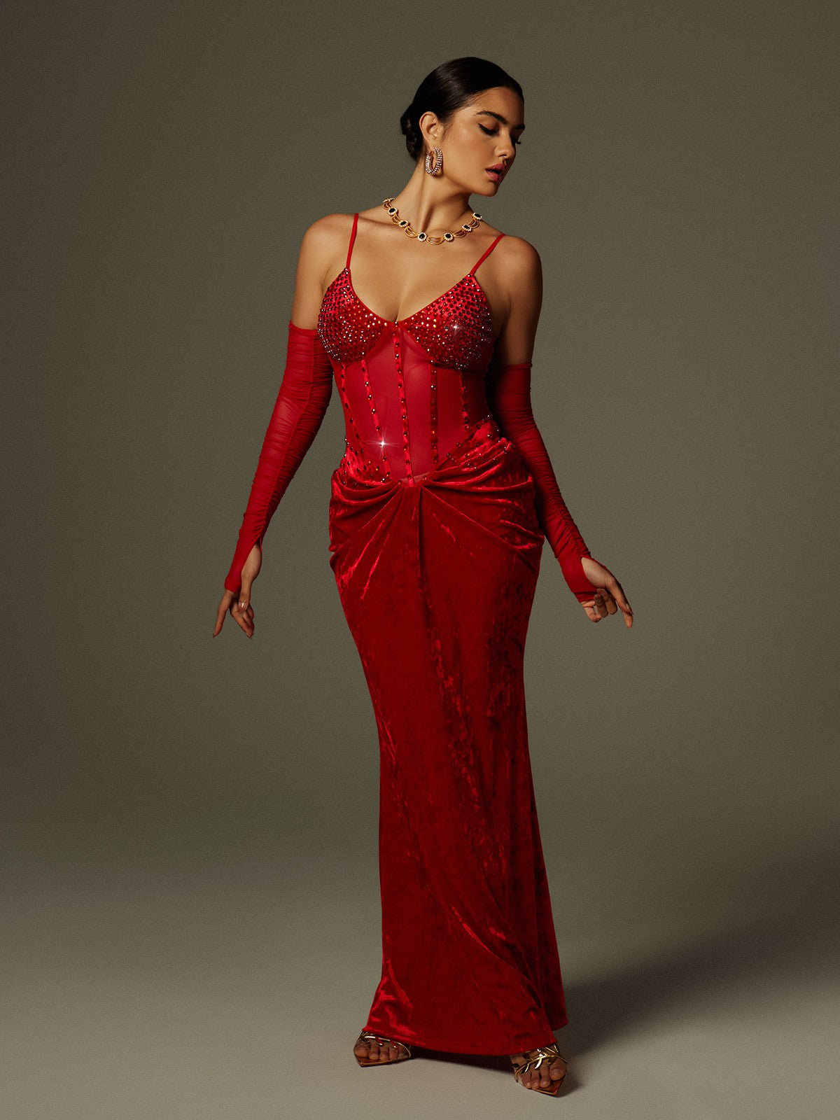 Spaghetti Rhinestone Ruched Velvet Maxi Dress