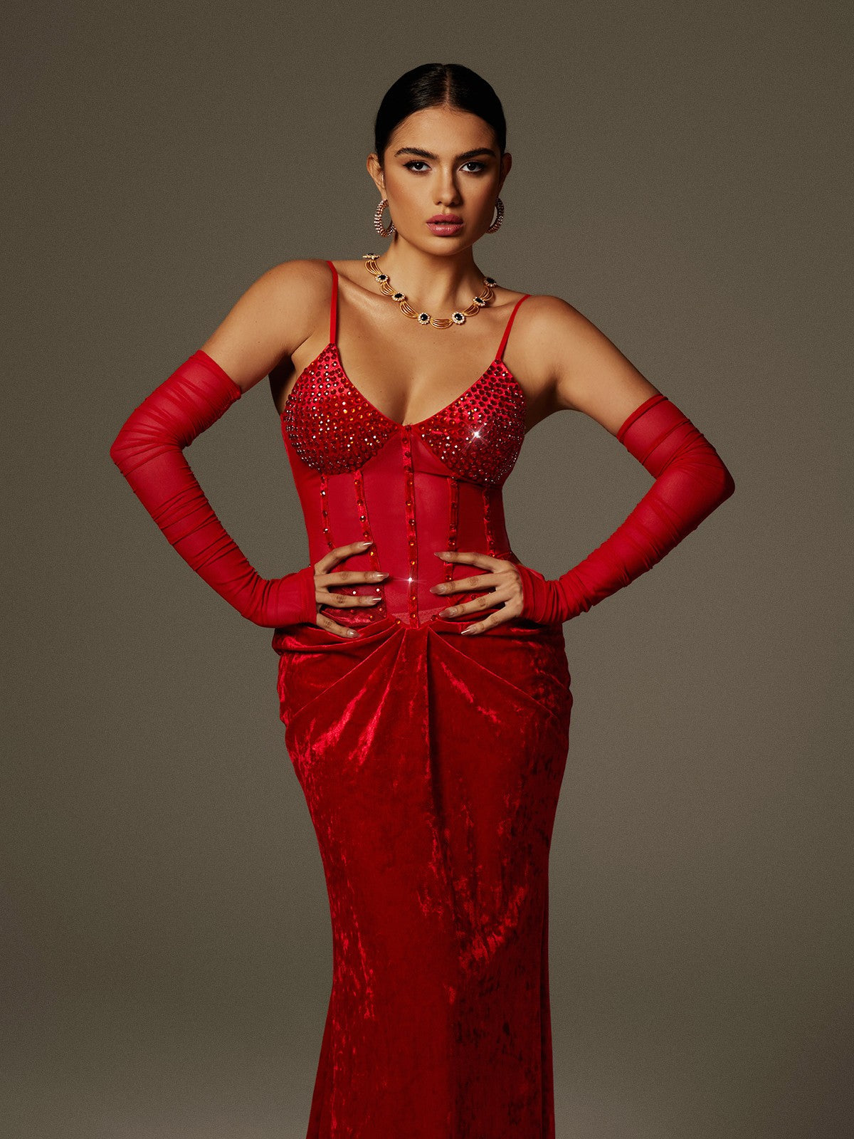 Spaghetti Rhinestone Ruched Velvet Maxi Dress