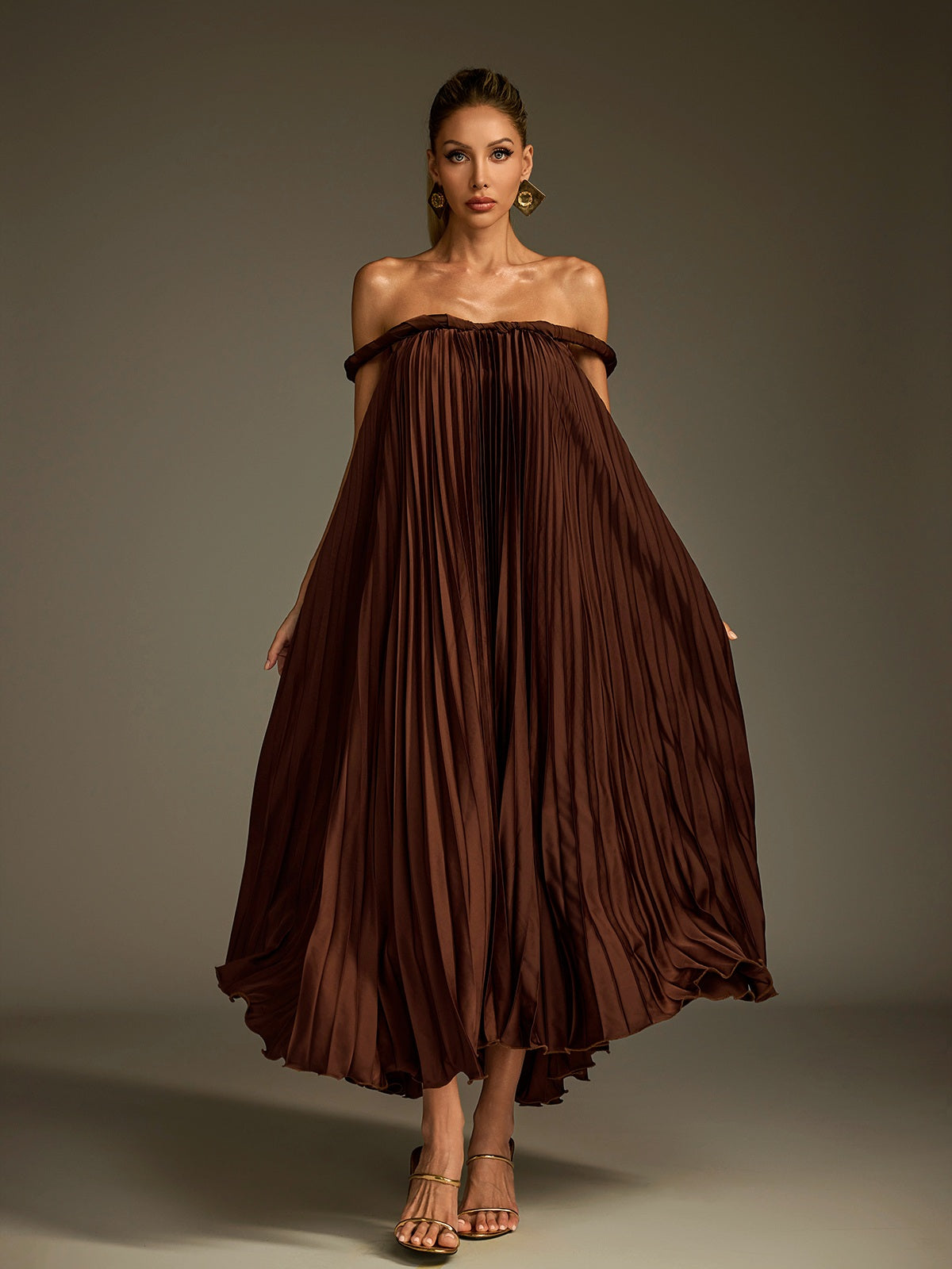 Off Shoulder Pleated Midi Dress