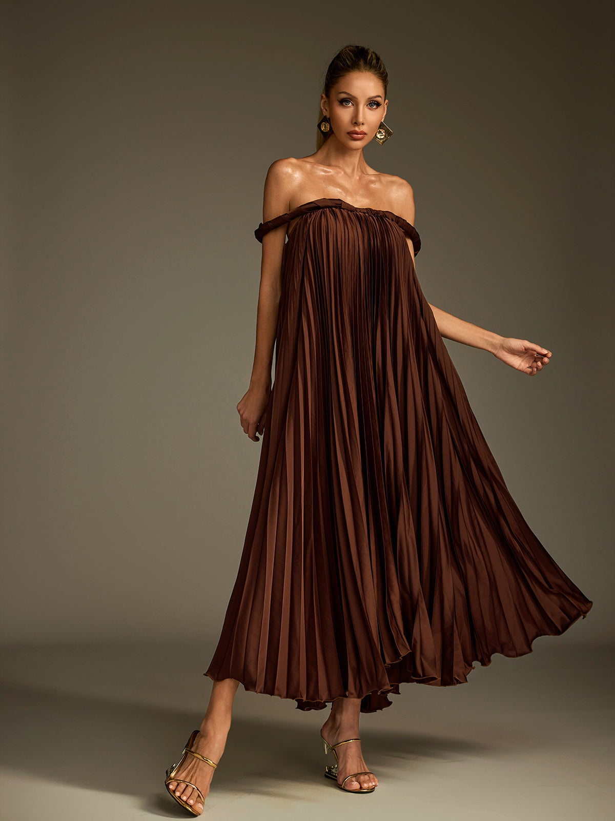 Off Shoulder Pleated Midi Dress