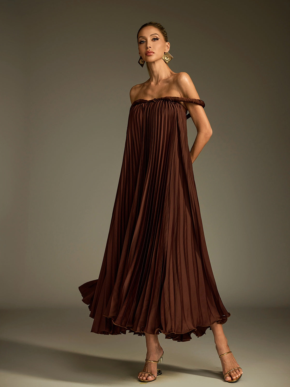 Off Shoulder Pleated Midi Dress
