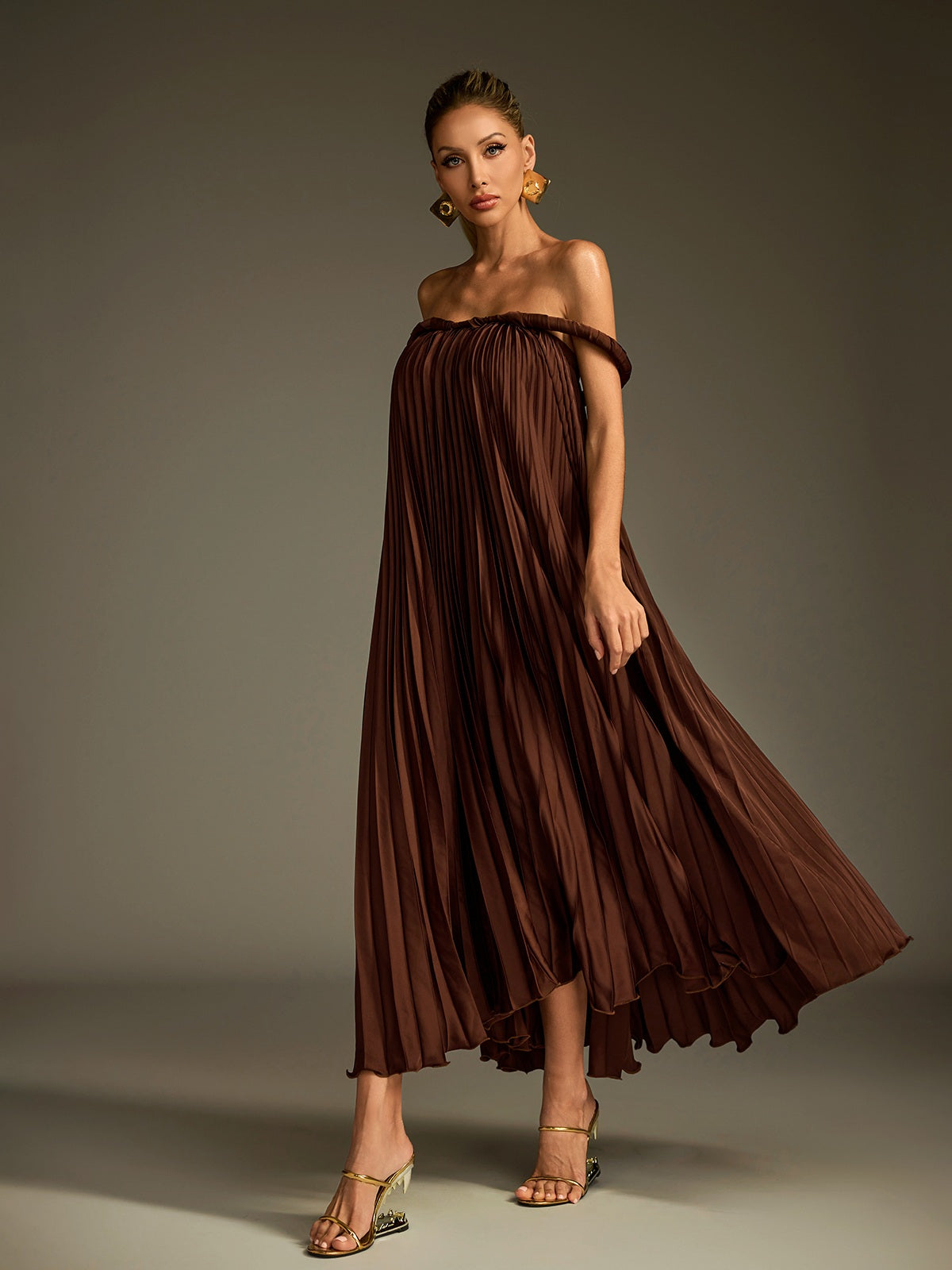 Off Shoulder Pleated Midi Dress
