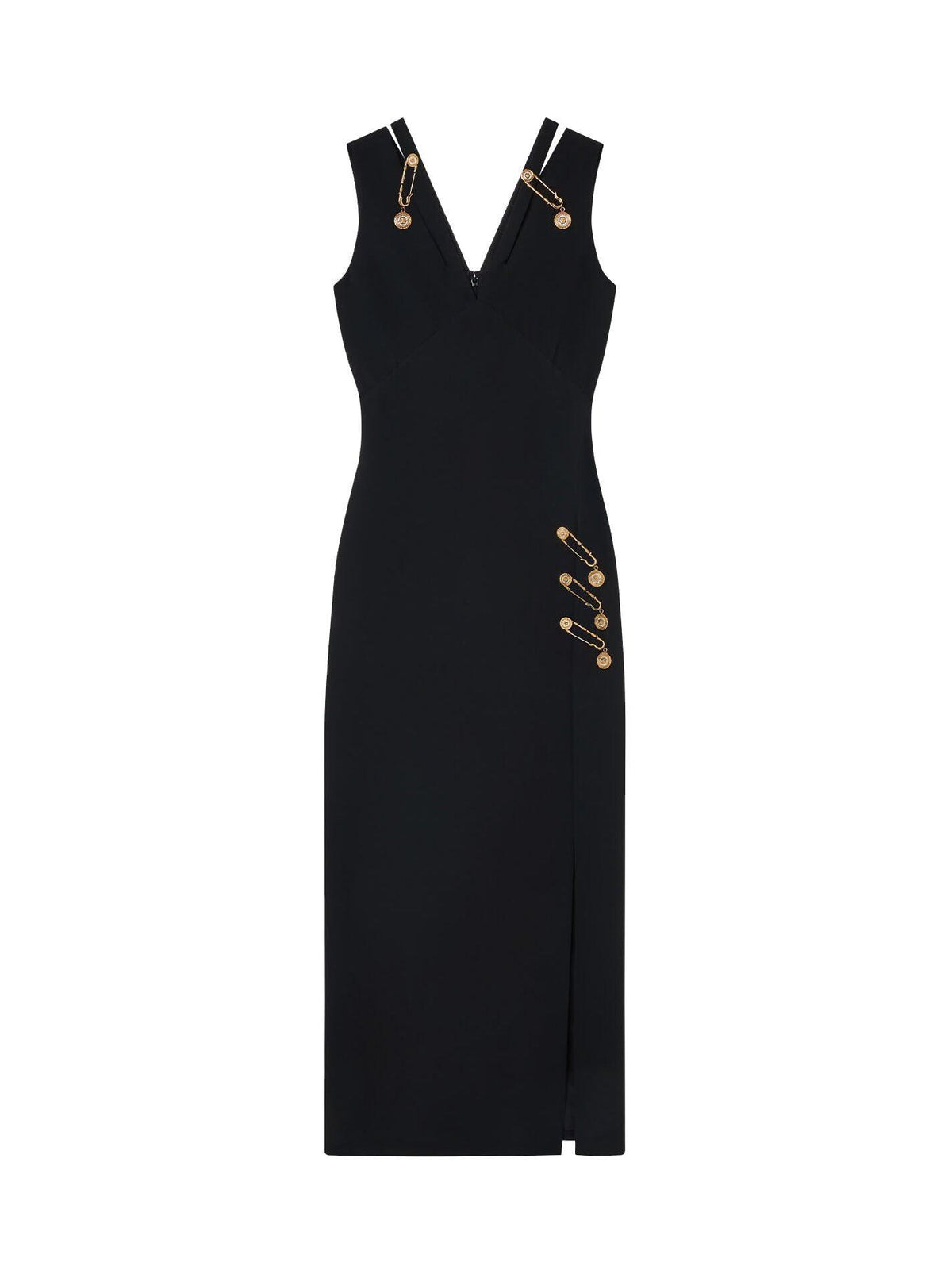 V-Neck Gold Pin High Slit Bodycon Maxi Dress