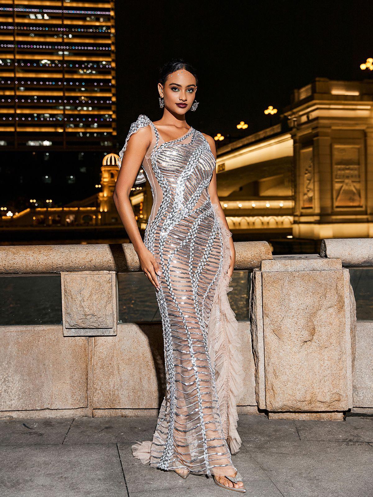 Draped Cutout Sequin Mesh Dress In Silver