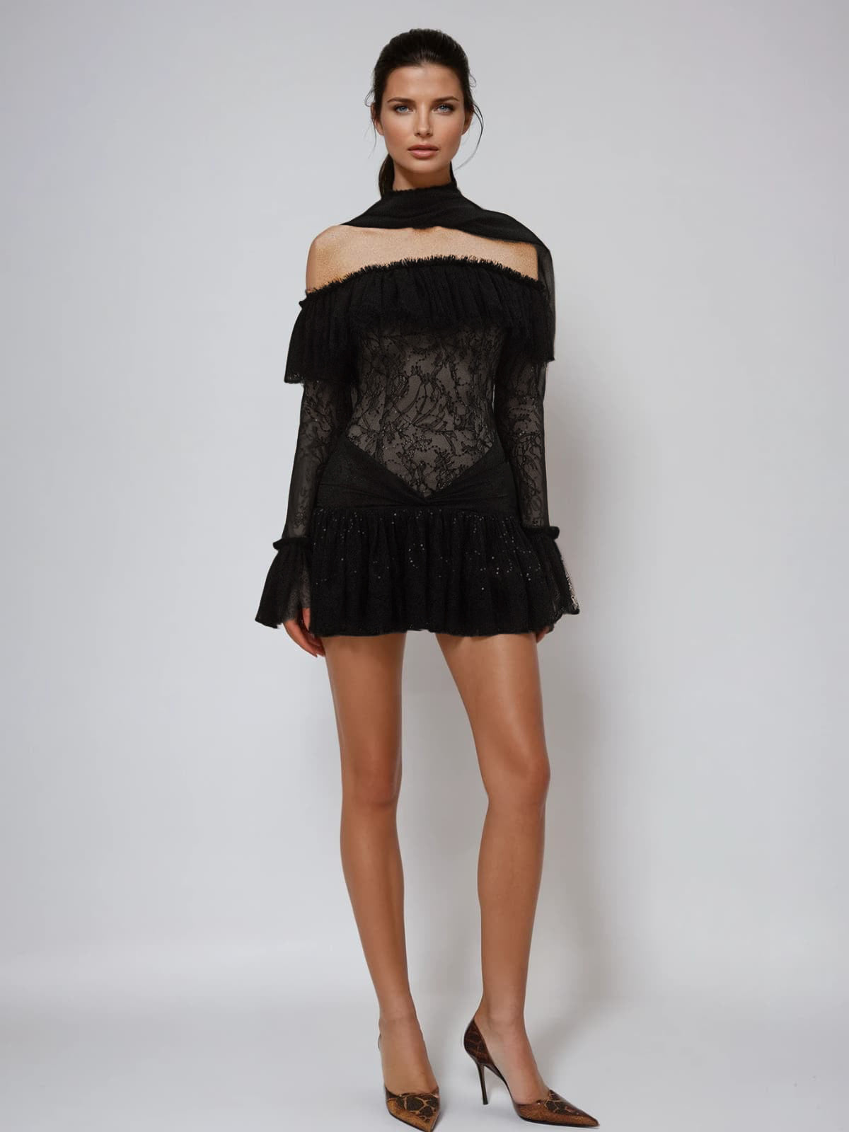 Strapless Scarf Lace Sequin Mini Dress