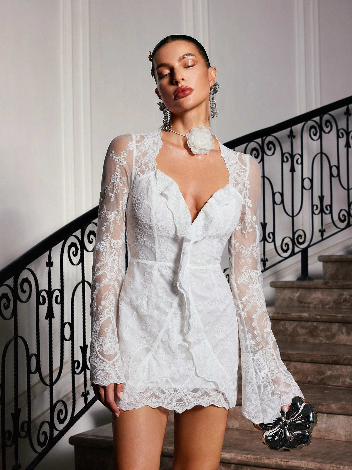 Flare Sleeve Lace Mini Dress