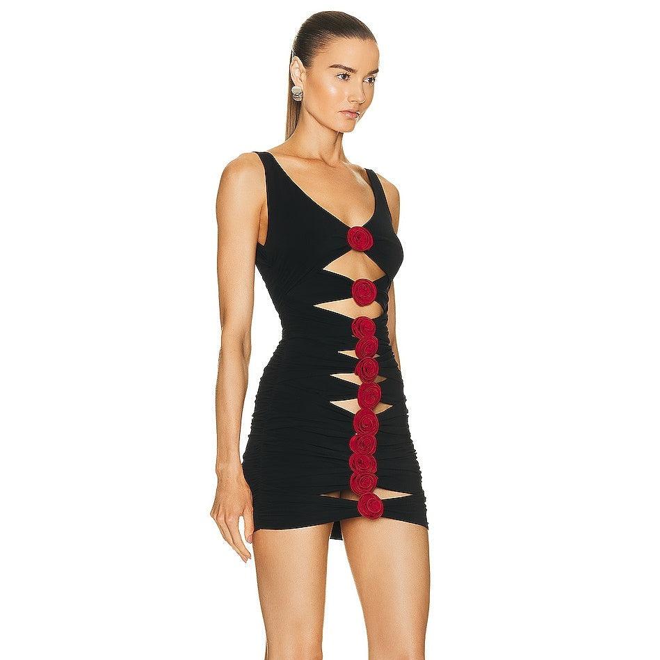 Black Asymmetric Rose Applique Cutout Ruched Bodycon Mini Dress