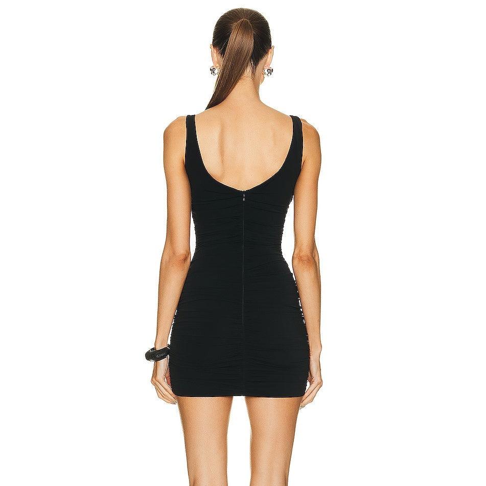 Black Asymmetric Rose Applique Cutout Ruched Bodycon Mini Dress