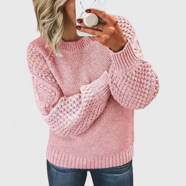Round Neck Waffle Knit Long Sleeve Ribbed Trim Pullover Sweater