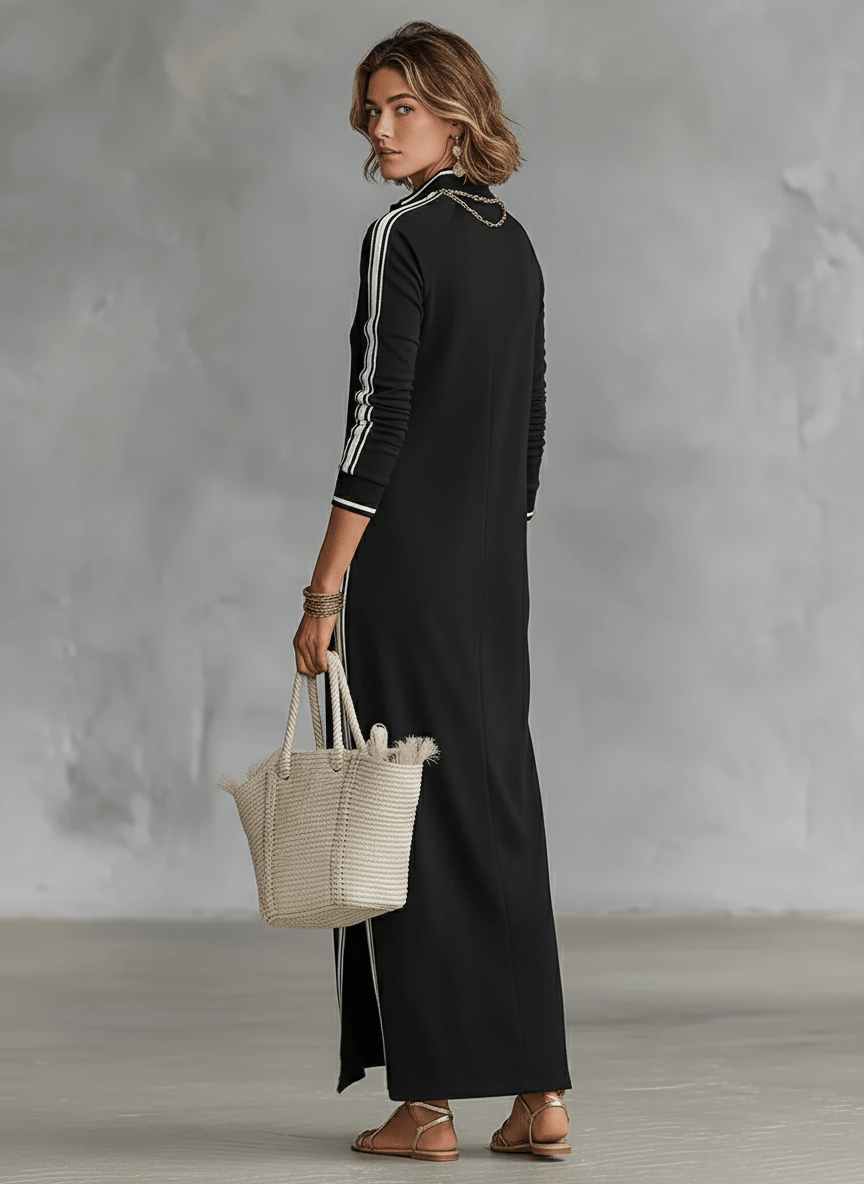 Stand Collar Button Placket Side Stripe Long Sleeve Maxi Dress