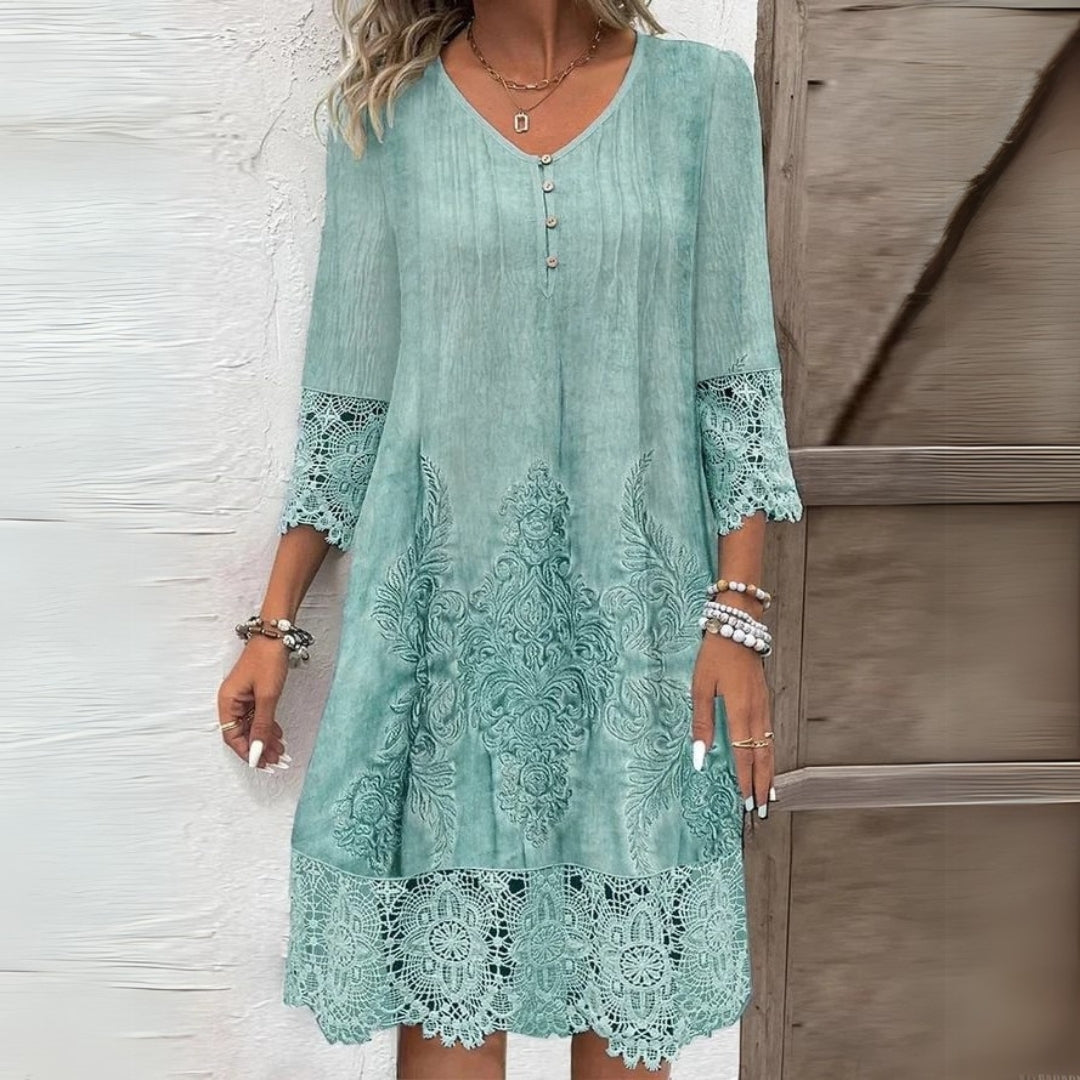 V-Neck Button Crochet Lace Trim Embroidered Shift Midi Dress