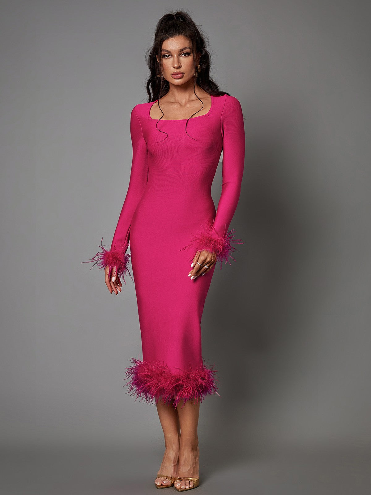Square Neck Long Sleeve Feather Trim Hem Bodycon Midi Dress