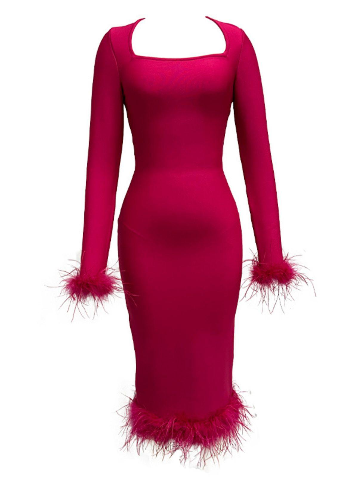 Square Neck Long Sleeve Feather Trim Hem Bodycon Midi Dress