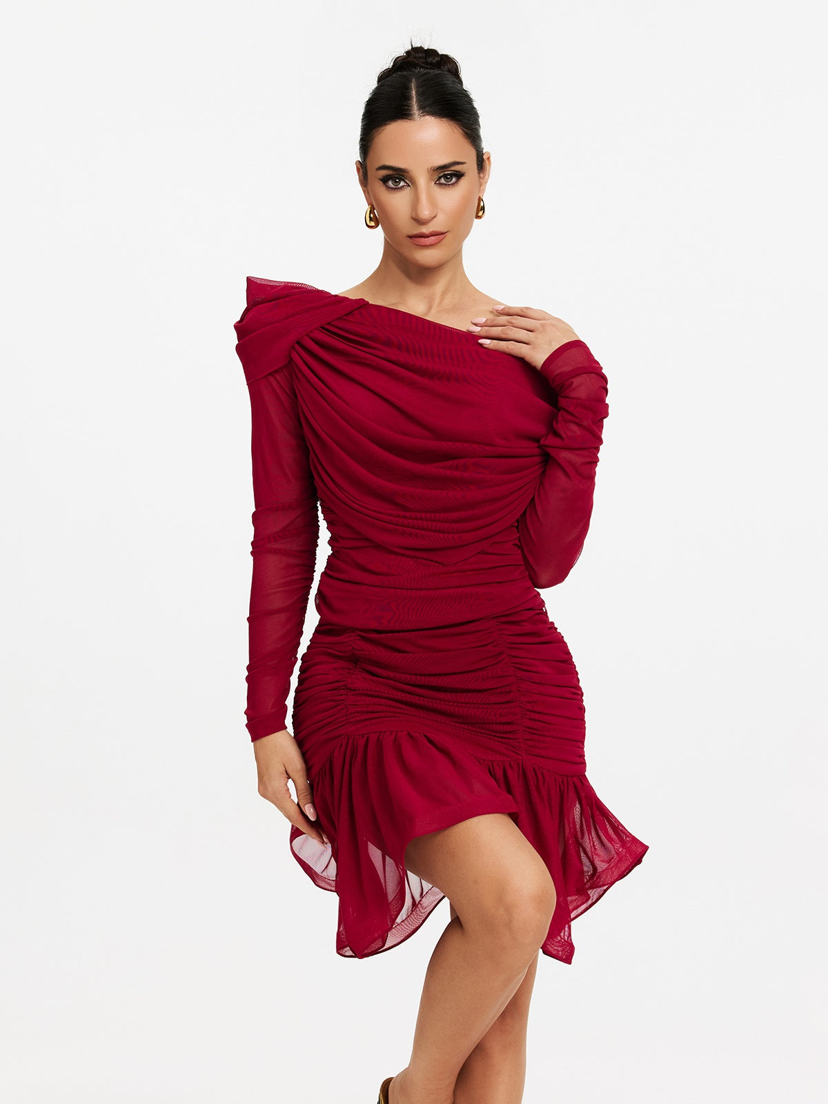 One Shoulder Ruched Ruffle Mini Dress