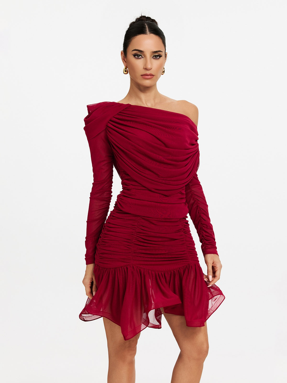 One Shoulder Ruched Ruffle Mini Dress
