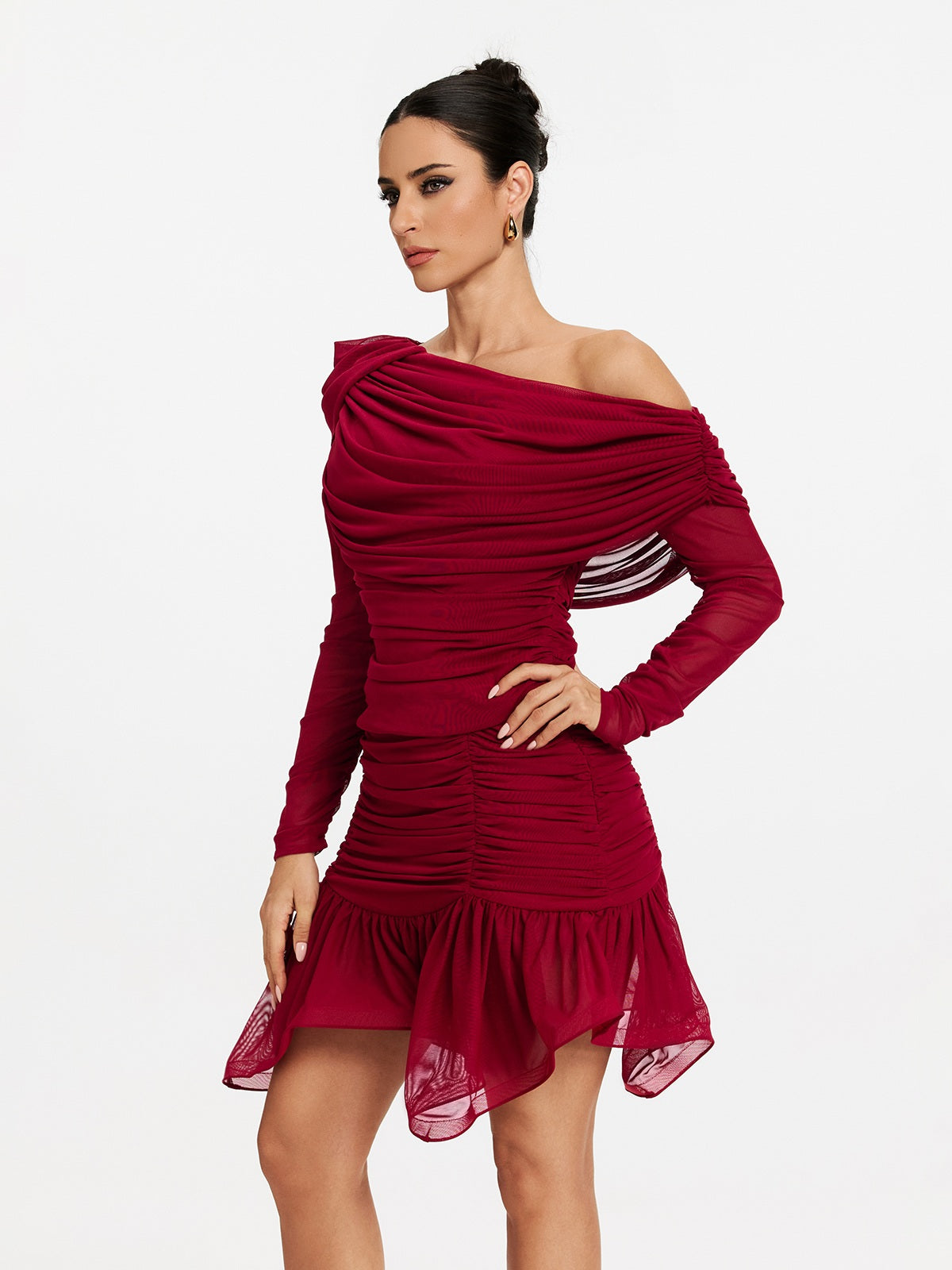 One Shoulder Ruched Ruffle Mini Dress