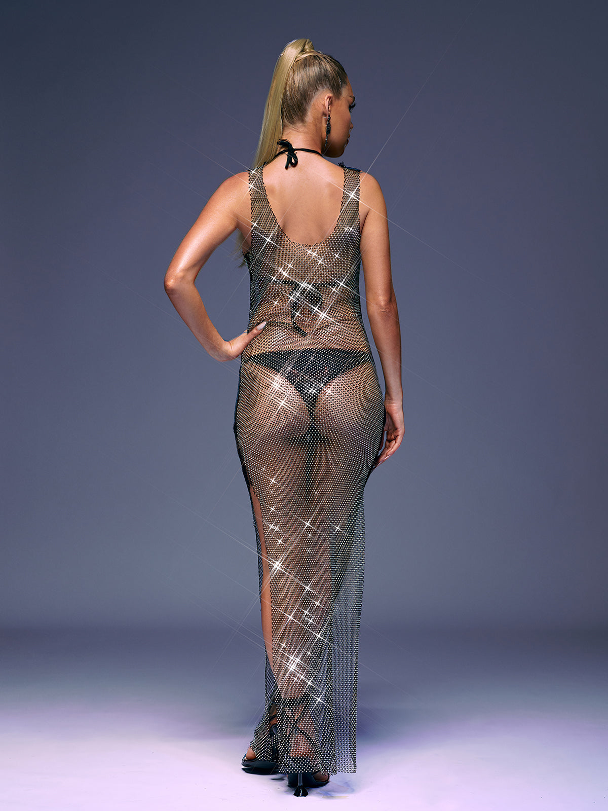 Scoop Neck Rhinestone Fishnet Mesh Sheer High Slit Maxi Dress