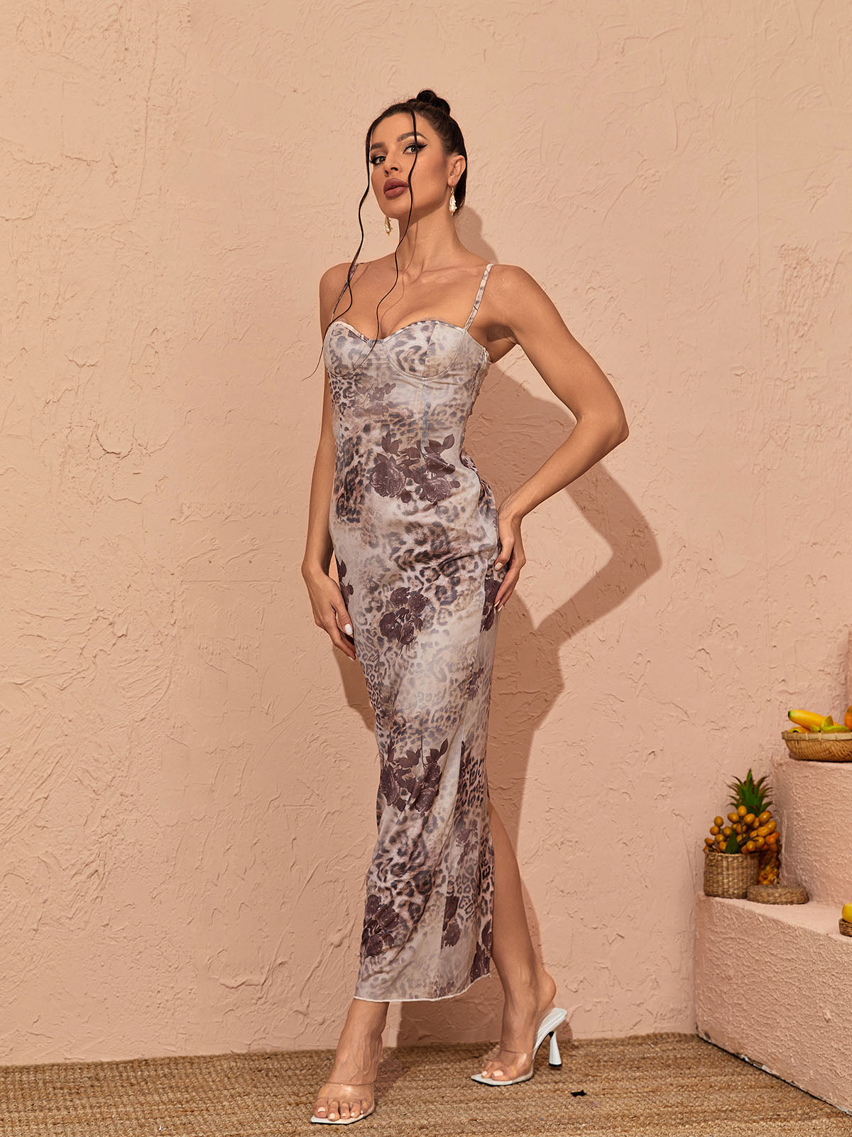 Sweetheart Neck Spaghetti Strap Leopard Floral Bustier Bodycon Maxi Dress 4