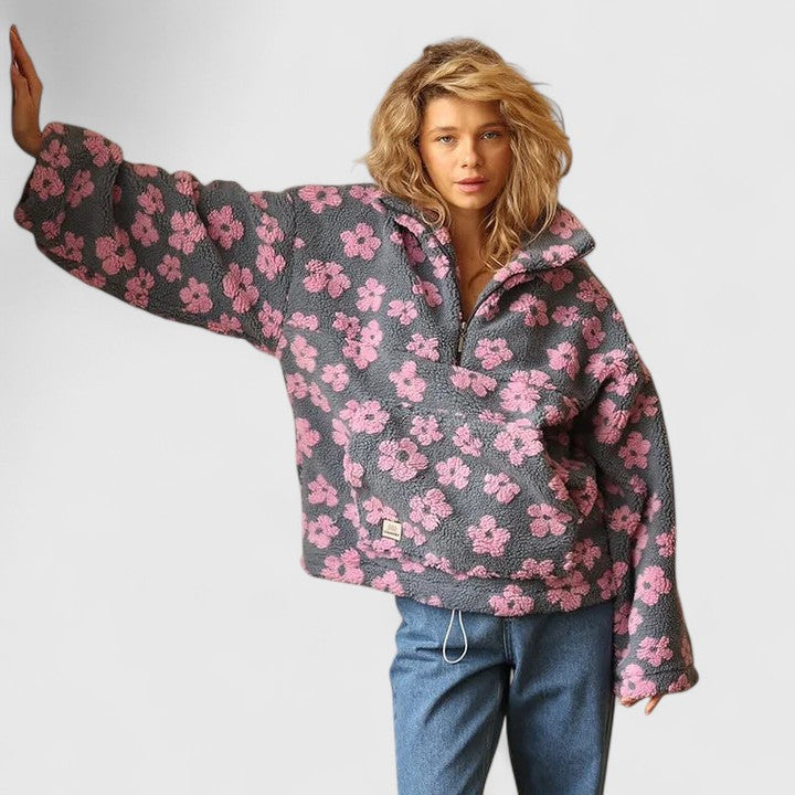 Stand Collar Floral Fleece Quarter-Zip Cropped Sweatshirt 2