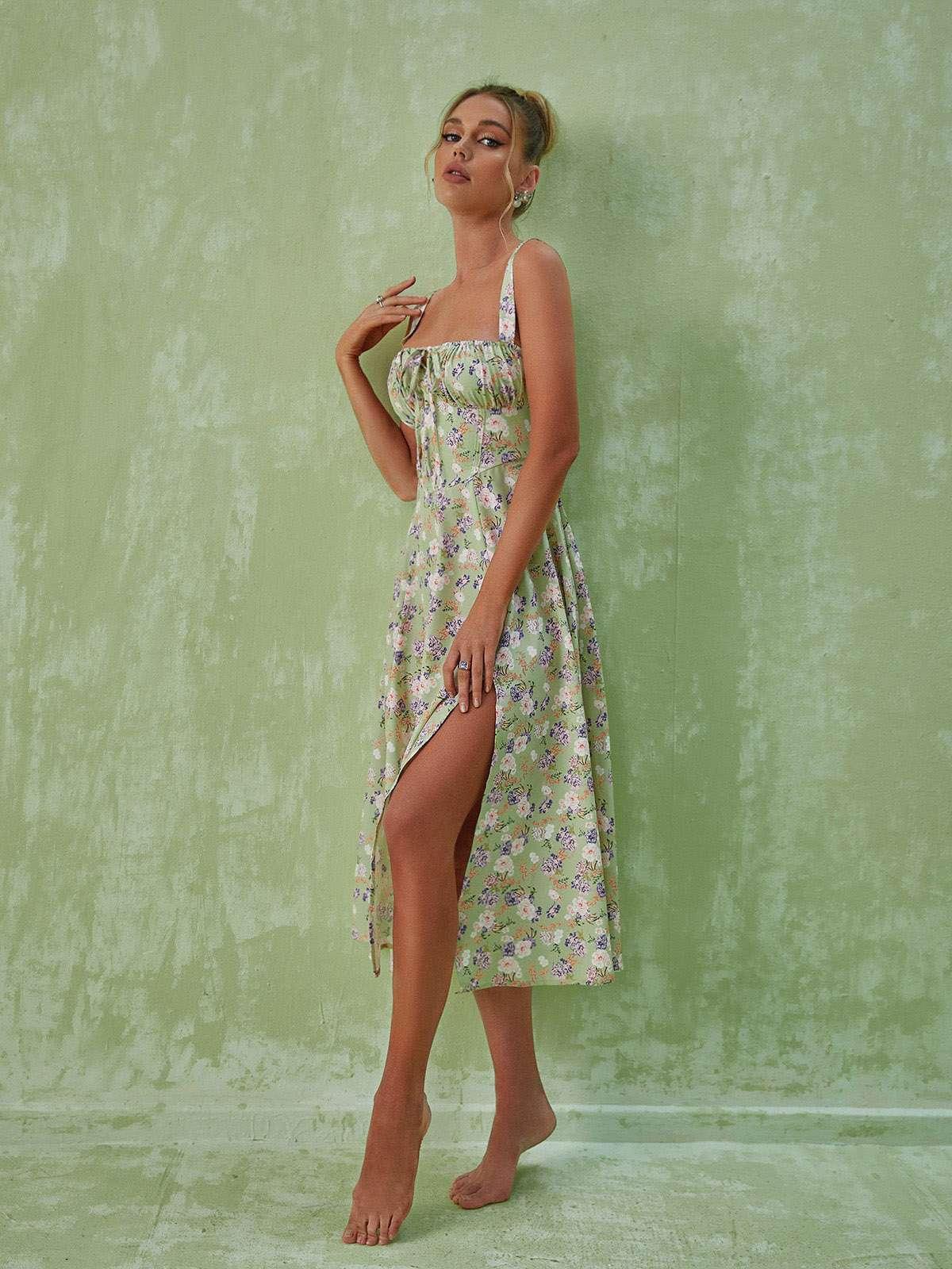 Floral Split Midi Dress In Green