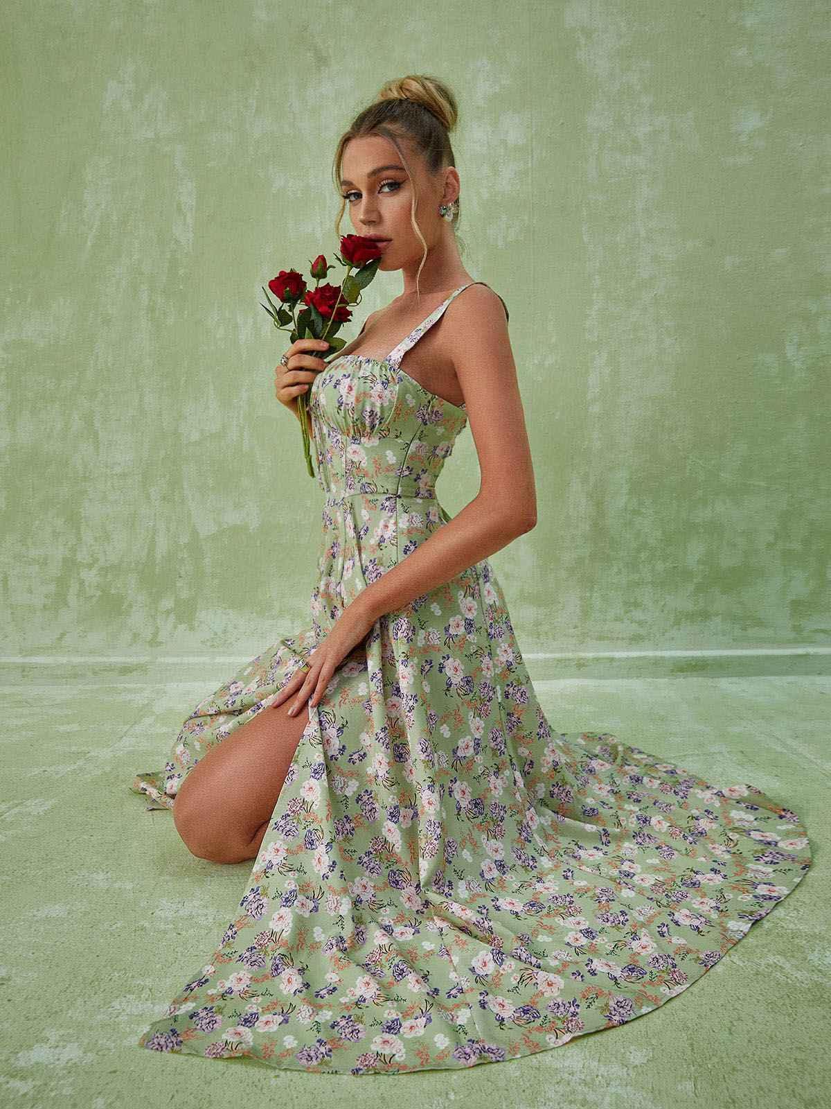 Floral Split Midi Dress In Green