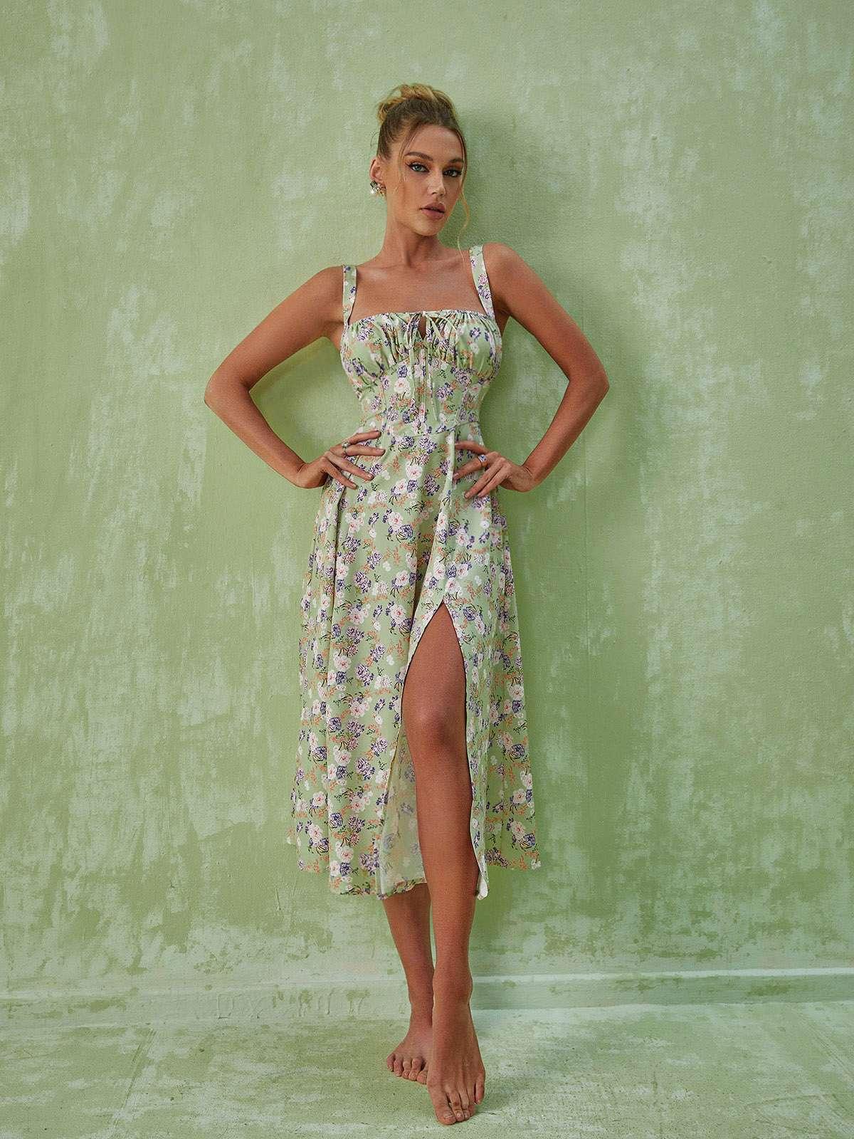 Square Neck Lace Up Floral Print High Slit Midi Dress