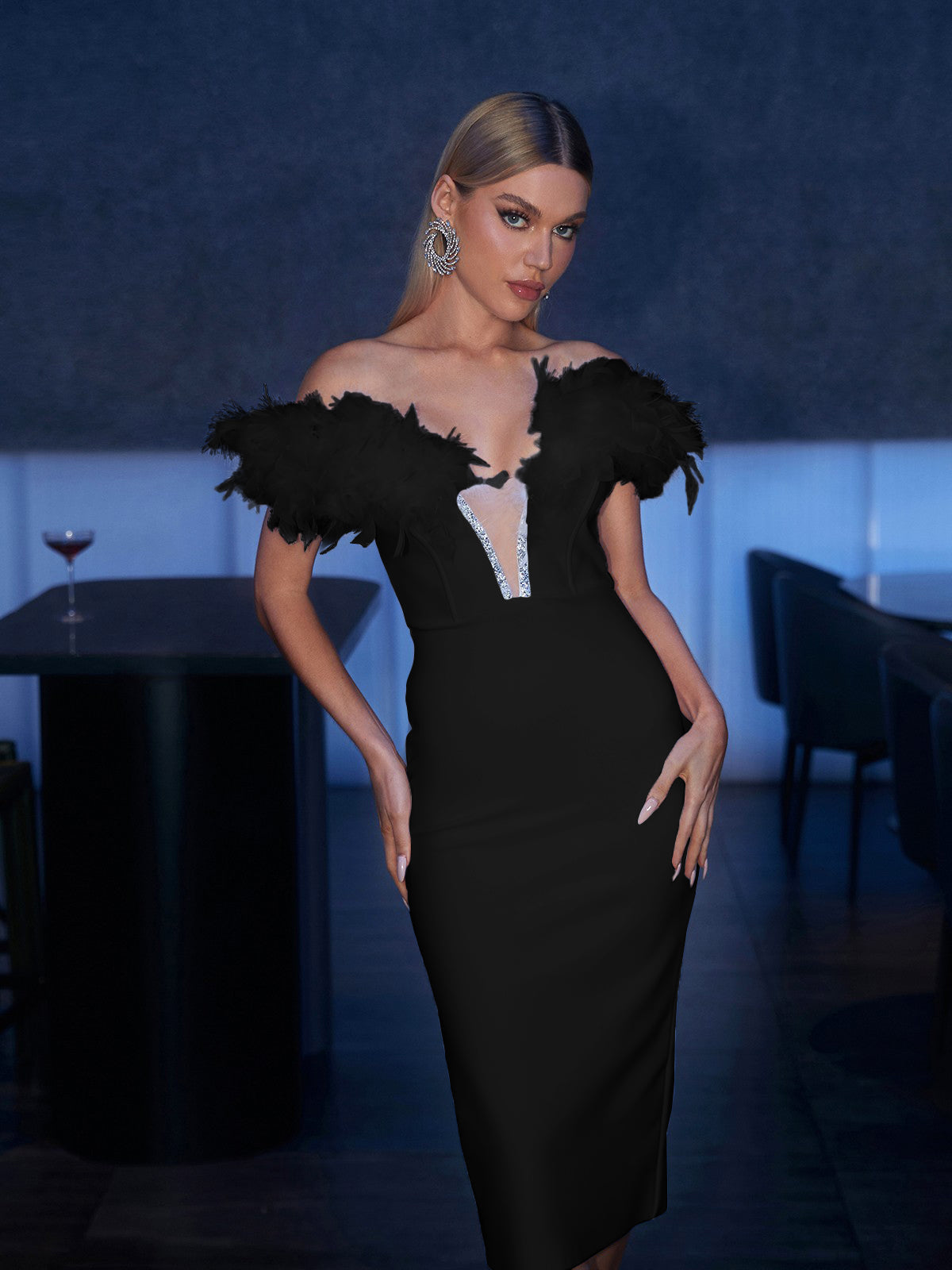 Off-Shoulder Feather Trim Rhinestone Bandage Bodycon Midi Dress