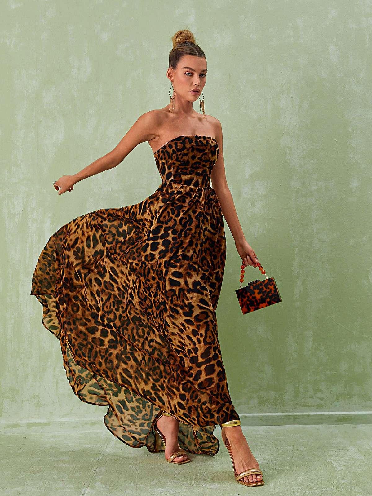 Strapless Leopard Print High Slit Flowy Maxi Dress