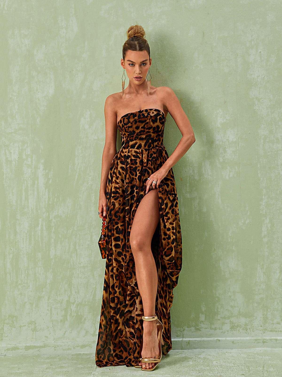 Strapless Leopard Print High Slit Flowy Maxi Dress