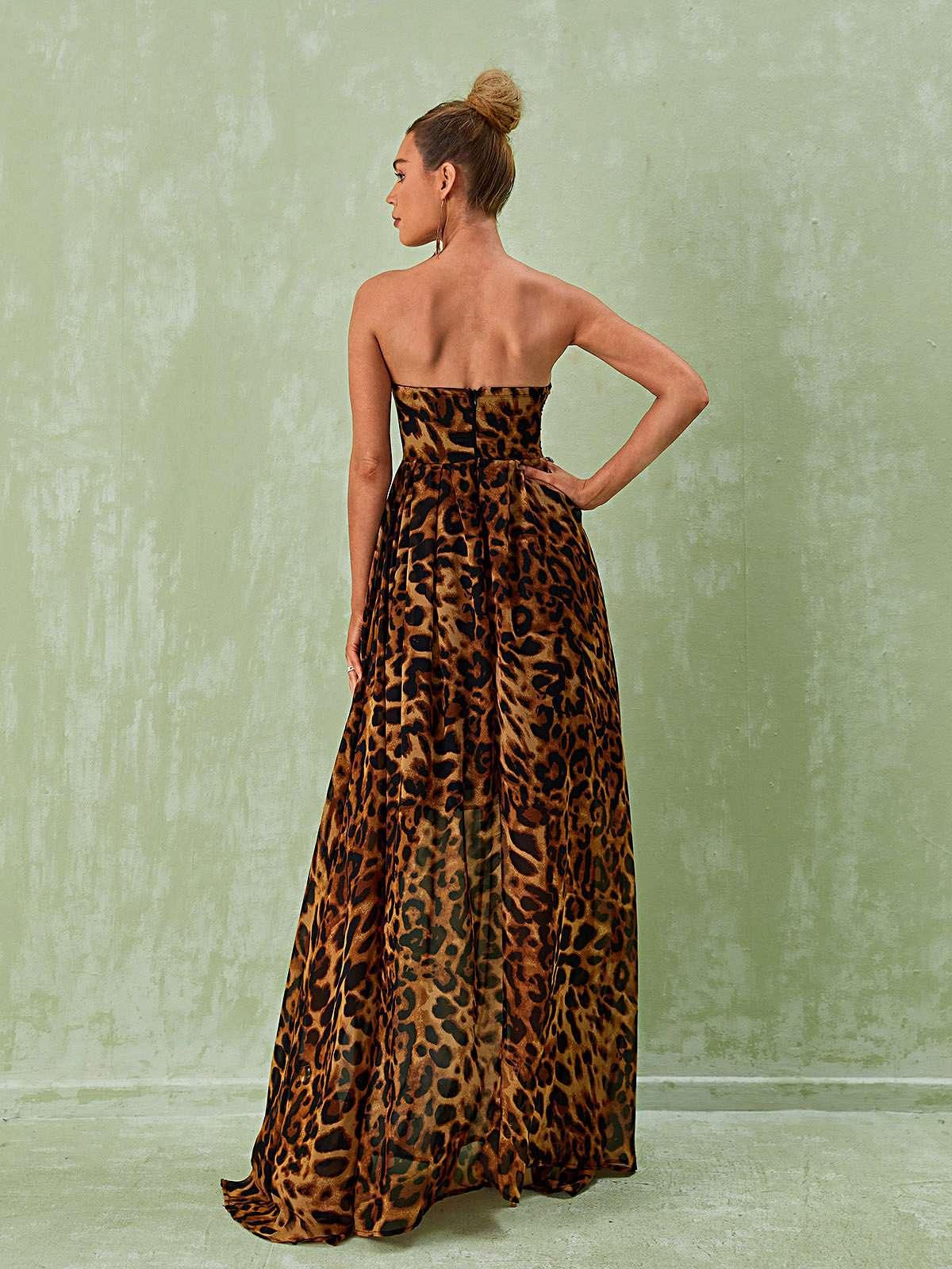 Strapless Leopard Print High Slit Flowy Maxi Dress