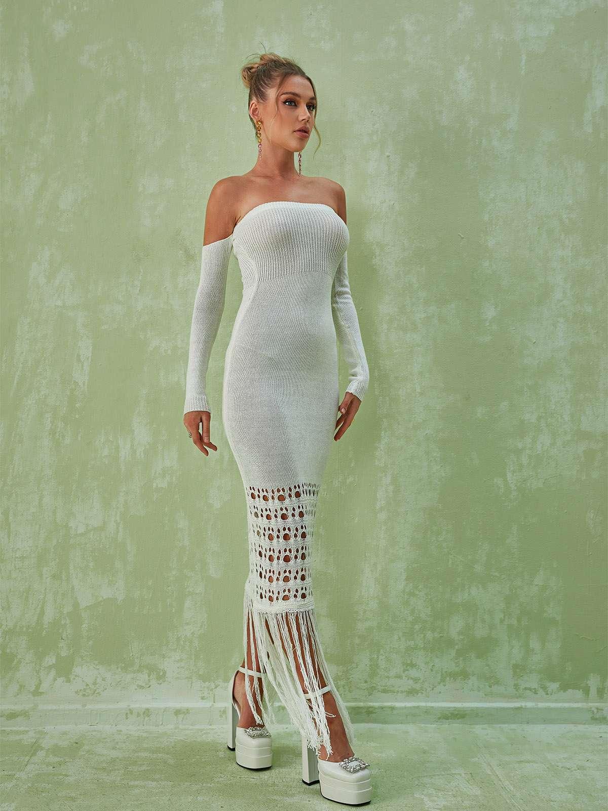 Off-Shoulder Long Sleeve Crochet Knit Fringe Hem Bodycon Maxi Dress