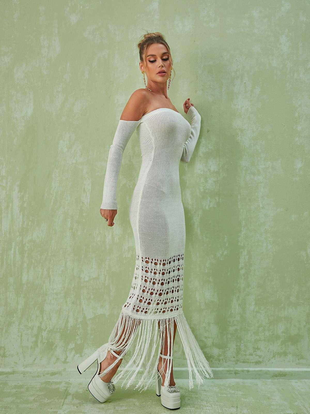 Off-Shoulder Long Sleeve Crochet Knit Fringe Hem Bodycon Maxi Dress